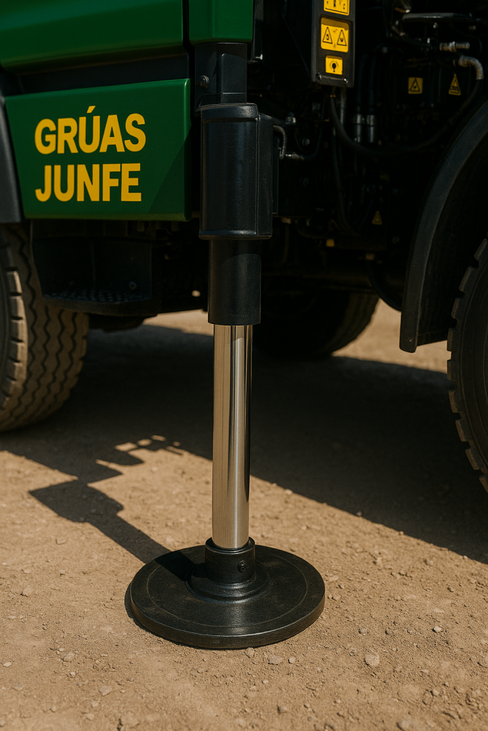 Detalle del sistema de estabilización de camión grúa Junfe.